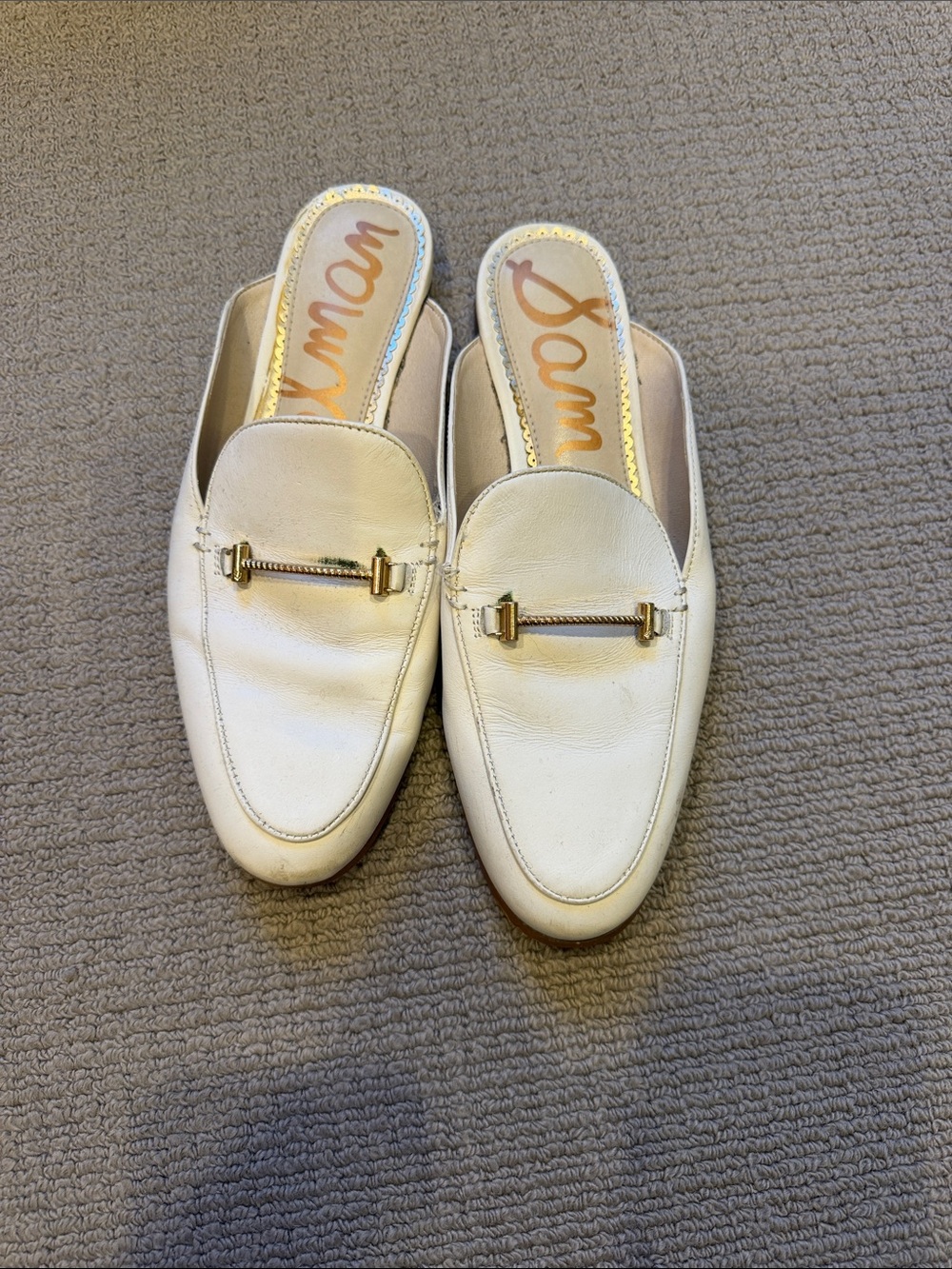 Sam Edelman White Leather Backless Loafers with Gold Hardware